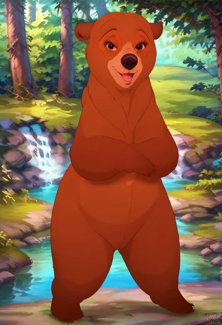 source_furry, score_9, score_8_up, solo, bear, 1girl, Disney, detailed forest background, bipedal, bush obscure lower body of bear