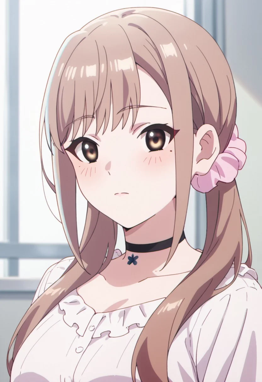 score_9, score_8_up, score_7_up, source_anime, jinguji naori, brown hair, long hair, brown eyes, 1girl, scrunchie, choker, solo, pink scrunchie, hair ornament, twintails, hair scrunchie, mole, blush, black choker, mole under eye