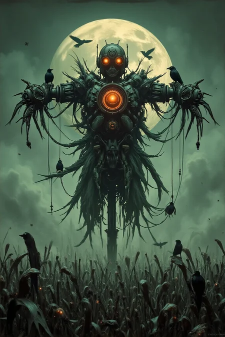 YFG-Sm0rg, YFG-Zaat, A screen print artwork in a green and orange bichromy. inkstyle old engraving. In a dimly lit abandoned corn field, the silhouette of a steampunk mechanical scarecrow stands creepily, hands-up forming a cross, like a disjointed puppet. Some crows are there on his arms, looking around with hunger. A thick fog that gradually morphs into an ethereal aura add a gloomy atmosphere to the scene. The scarecrow eyes shine with a bright weird light, echoing the full moon behind him. A non-printed frame all around the illustration reveals the paper texture.