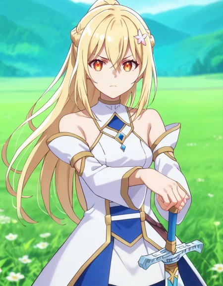 score_9, score_8_up, score_7_up, source_anime, BREAK
1girl, solo, looking at viewer, blurry background, ighting stance, serious expression, outdoors, field, blue sky,
lena floria (hazure skill kinomi master), long hair, blonde hair, sidelocks, hair between eyes, orange eyes,
knight outfit, white dress, jewelry, off shoulder, detached sleeves, cape,
holding sword,
<lora:lena_floria-hazure_skill_kinomi_masteri_s1_v3-anime-soralz:1>,