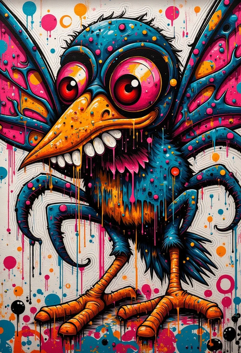 Stylized digital graffiti artwork, graffitied on the wall invision my imaginary friend a Absurd Embroidery bird head spider legs red orb eyes dragonfly wings (Neo-expressionism) , bright vibrant happy colors, art by Jean Michel Basquiat animated by Tim Burton