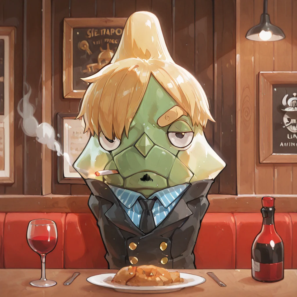 metapod, full body, slightly turned, front view, no hands, no arms, no legs, no feet, no shoulders, sanji (one piece), blond hair, hair over one eye, curly eyebrows, spirals on his eyebrows, double-breasted formal suit with golden buttons, black suit, a black necktie, long-sleeved buttoned collared blue shirt with black stripe, striped shirt, vertical-striped clothes, facial hair, goatee, cigarette, smoking, black eye, looking at viewer, anime, artwork, background of restaurant, dining in a restaurant, red wine