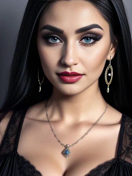 RAW, best quality, ultra-detailed, masterpiece, finely detail, high res, 8k wallpaper, best quality, highres, Photorealistic, detailed beautiful faces, nsfw, uncensored, face,
<lora:more_details:0.75>,<lora:LowRA:0.3>, kkw-ph1, OverallDetail,, <lora:RenBlk1:1>, Renblk1, renada, 1girl, solo, jewelry, earrings, mole, black hair, dress, long hair, black dress, hoop earrings, tattoo, looking at viewer, nail polish, red nails, blue eyes, ring, lips, makeup, thick eyebrows, mole under eye, eyeshadow, eyelashes, long dress, necklace, lipstick, lips, lipstick mark, grey eyes, mole, mole under mouth,