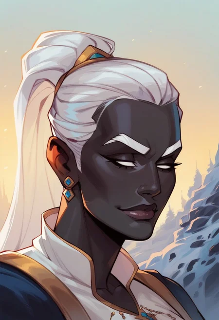 score_9, score_8_up, score_8, score_7_up, score_7, score_6_up, score_6, score_5_up, Score_5,human female, obsidian black skin, onyx black skin, round eyes, white eyes, small eyes, beautiful face, aesthetic face, narrow face, narrow nose, long nose, round ears, white eyebrows, long white hair, high ponytail, very tall, curvy, elegant, royal, aristocratic, majestic, chin up, seductive smile, slender. Silver jewelries. White jewelries. Blue jewelries. Lots of jewelries. White bracers, tight white dress,, vox machine style, 1girl, female focus, solo, portrait, background of snow-covered landscape, fantasy, (dynamic lighting:1.1)
((masterpiece))