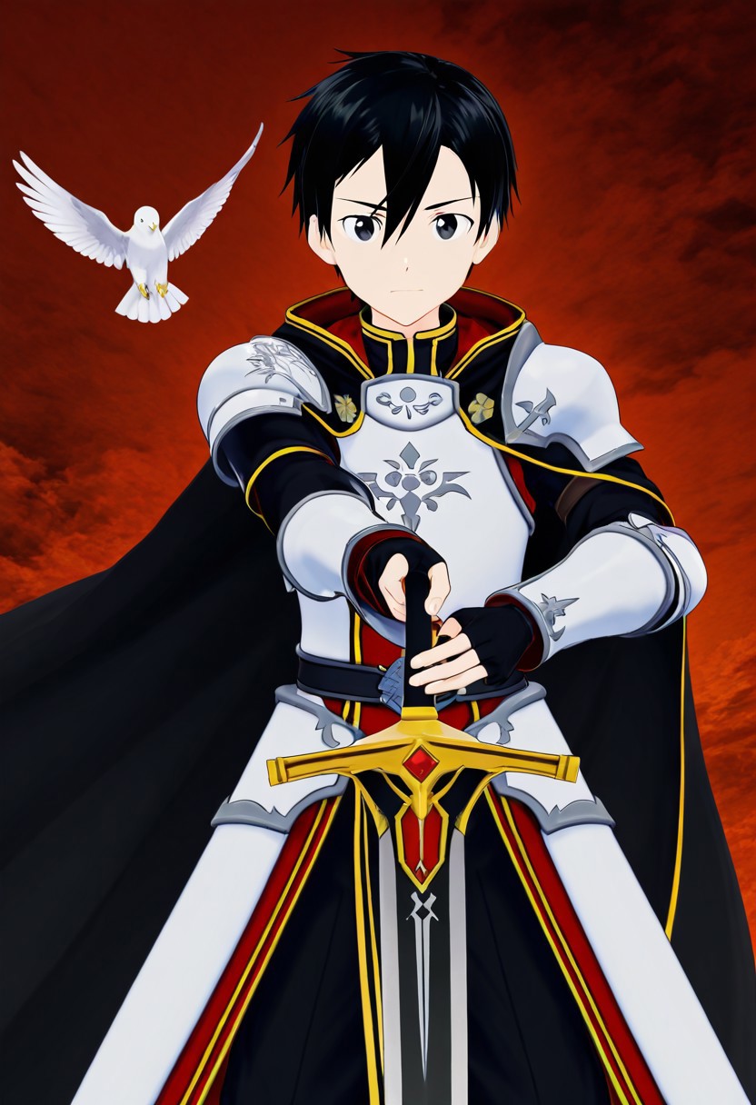 kazuto_kirigaya, kirito, black hair, black eyes, short hair, hair between eyes, 1boy, solo, solo focus, young, youthful, he is dressed in a suit of dark iron platemail. Break. his right hand is holding up a black coloured sword, Properly holding the sword by the hilt, right hand up, brandishing a sword, his armour bears a crest of a yellow dove. fantasy armour. stylized silver dove emblems and symbols on armour and sheild. Break. epic background is a a beautiful palace. a strong wind is blowing his cape, white coloured armour, ready to fight pose, dawn sky in the background