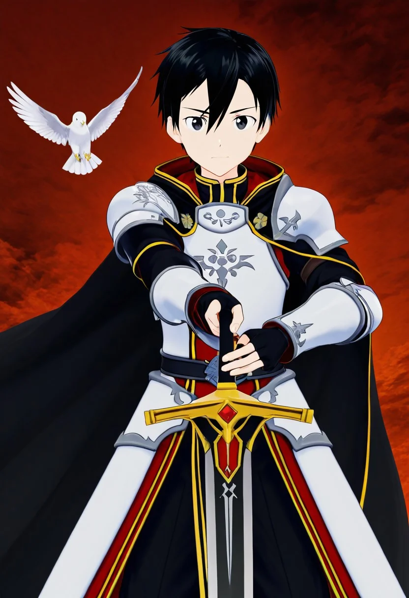 kazuto_kirigaya, kirito, black hair, black eyes, short hair, hair between eyes, 1boy, solo, solo focus, young, youthful, he is dressed in a suit of dark iron platemail. Break. his right hand is holding up a black coloured sword, Properly holding the sword by the hilt, right hand up, brandishing a sword, his armour bears a crest of a yellow dove. fantasy armour. stylized silver dove emblems and symbols on armour and sheild. Break. epic background is a a beautiful palace. a strong wind is blowing his cape, white coloured armour, ready to fight pose, dawn sky in the background