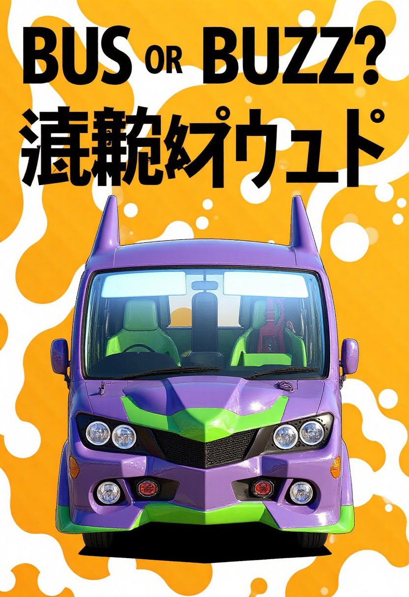 poster.jpg, the Evangelion-shaped purple-green robot bus.
"BUS or BUZZ" in big black letters at the top.
orange liquid flowing background.