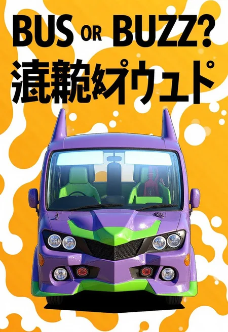 poster.jpg, the Evangelion-shaped purple-green robot bus.
"BUS or BUZZ" in big black letters at the top.
orange liquid flowing background.