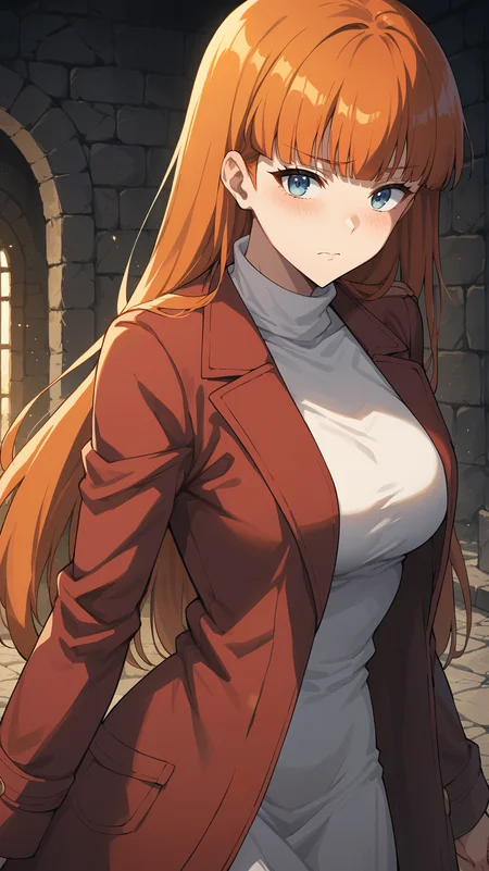 score_9,score_8_up,score_7_up,score_6_up, source_anime, zPDXL3, <lora:xl_more_art-full_v1:0.5>, girl, dynamic pose, one arm behind her head, <lora:Joo-Hee Lee - Pony-000004:0.8>, long hair, orange hair, blunt bangs, blue eyes, long coat, red coat, dark dungeon, dim lighting, stone walls, altar, stone ruins, shy, careful, white turtleneck,