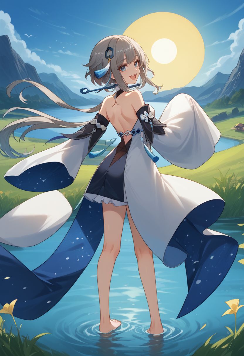 score_9, score_8_up, score_7_up, source_anime, 1girl, guizhongdef, blue eyes, grey hair, long hair, sidelocks, hair ornament, tassel hair ornament, small breasts, bare shoulders, detached sleeves, wide sleeves, long sleeves, sleeves past fingers, white dress, backless outfit, halterneck, chinese clothes, starry sky print, tassel, anklet, smile, open mouth, standing, waving, looking at viewer, outdoors, lake, grass, sun, from behind, back, looking back, <lora:Guizhong_v1-000010:1>