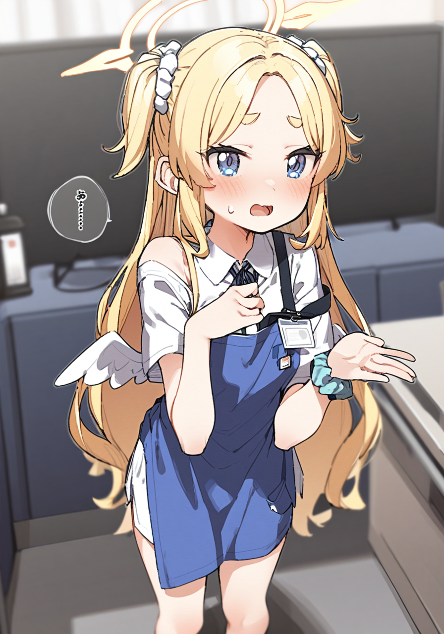 masterpiece, best quality, <lora:style21-a31-000017:1>,1girl, long hair, bow, blue eyes, very long hair, blue apron, apron, blonde hair, black bow, solo, shirt, white shirt, halo, collared shirt, striped bow, short sleeves, blush, forehead, indoors, sweat, mini wings, striped, wings, strap slip, white wings, two side up, id card, scrunchie, open mouth, wrist scrunchie, blue bow, ..., parted bangs, happy birthday, spoken ellipsis, dress shirt, white scrunchie, thick eyebrows, hands up, low wings, english text, blurry background, looking at viewer, feathered wings
