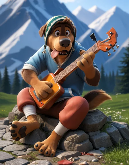 score_9, score_8_up, score_7_up, BREAK (anthro, furry:1.1), depth of field, cinematic lighting, masterpiece, detailed hands, detailed face, best quality, ultra realistic, 4k, 2k, film photography, RAW photo, photorealistic, analog style, subsurface scattering, photorealism, embedding:unaestheticXL_bp5, embedding:zPDXL,(best quality, high quality, 8K:1.5), <lora:add-detail-xl:2.5>, <lora:fix_hands.safetensors:2.0>, <lora:2.5DRealisticV2.safetensors:0.2>, <lora:sinfully_stylish_SDXL.safetensors:0.6>, <lora:AdvancedEnhancerXLv2.safetensors:1.0>, (hi res), ((masterpiece)), ((best quality)), illustration, anthro, furry, (hi res), ((masterpiece)), ((best quality)), illustration, anthro, furry, <lora:Bodi_Rock_Dog.safetensors:0.8>, teeth, blurry background, furry, rock dog, spotlight, pectorals, hoodie, blurry, bandana, open shirt, dog solo, open_mouth, 1boy, hat, holding, animal_ears, brown_eyes, sitting, tail, male_focus, outdoors, sky, barefoot, day, tongue, pants, signature, tongue_out, dated, thick_eyebrows, instrument, dog_ears, furry, rock, mountain, music, guitar, furry_male, playing_instrument, holding_instrument, brown_fur