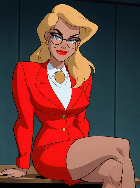 <lora:Harley_Quinn_-_Batman_Animated_Illustrious_v1:0.8>, h4rl3yqu1nn, <lora:dcau234-illu3_r1:0.4>, <lora:RealisticAnimeIXL:0.5>, 1girl, red jacket, white shirt, gold medallion, gold earrings, glasses, blue eyes, red lips, blonde hair, long hair, red skirt, large breasts, looking at viewer, smile, sitting on desk, crossed legs, sexy, seductive, office background
