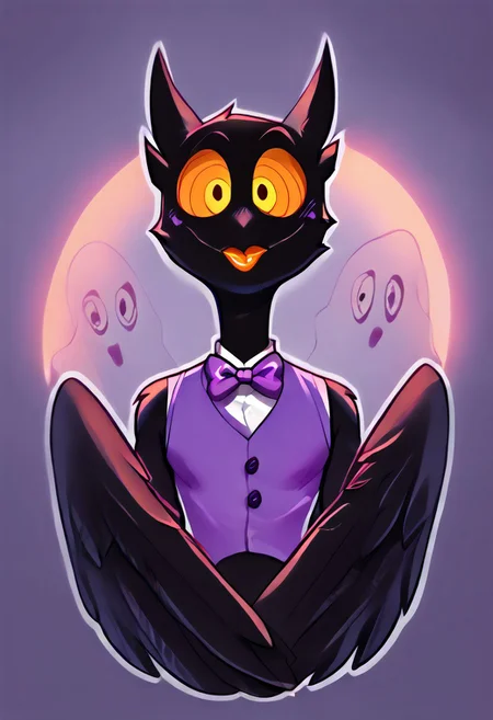 Barnaby, 1boy, yellow eyes, orange sclera, black body, long neck, feathers, bird feet, winged arms, bird tail, black beak, purple vest, sleeveless, purple bowtie, orange tongue, avian, furry, anthro, ghost, owl, spirit, digitigrade, no humans, perfect anatomy, solo, (insanely detailed, beautiful detailed face, masterpiece, cinematic lighting, detailed hands, detailed face, best quality), (sharp), score_9_up, score_8_up, score_7_up, score_6_up, highest quality, 8K, RAW photo, source_anime, perfect face, perfect hands, upper body, wingarms, jizoku
