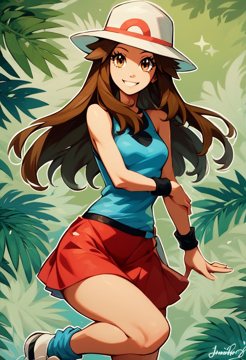 score_9, score_8_up, score_8, medium breasts, (curvy), cute, eyelashes,     
rating safe, 
BREAK,
zzleaf, brown eyes,  brown hair, long hair,  hat, long hair, blue shirt, sleeveless, wristband, red skirt, blue socks, white footwear,
BREAK,
smile, looking at viewer, 
green theme, 
abstract background, tropical jungle background, white outline, 
zPDXL,