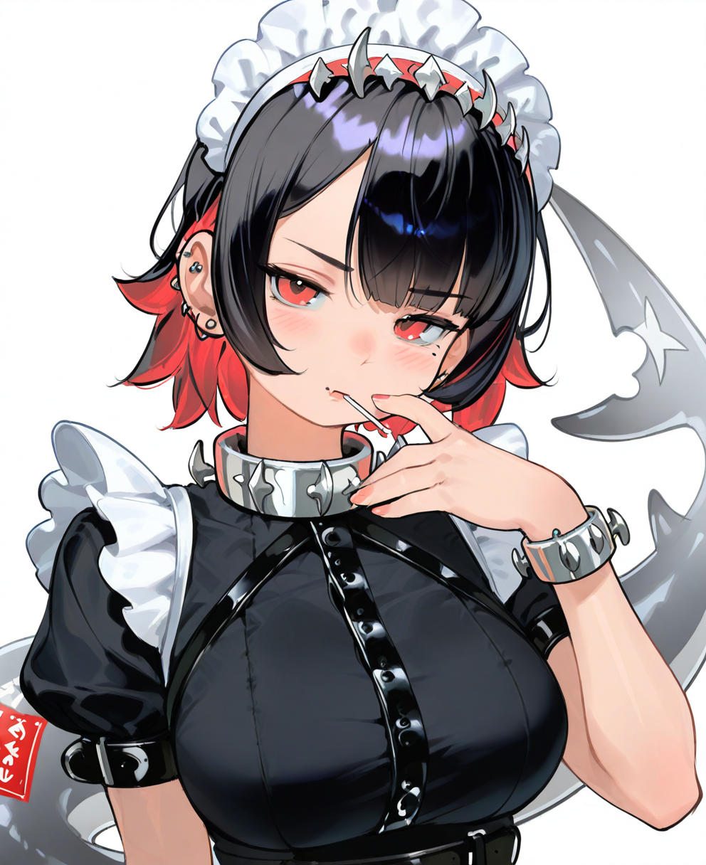 <lora:bea_lenoir:1> bea_lenoir,
(masterpiece), (best quality), (ultra-detailed), amazing quality, very aesthetic, illustration, perfect composition, intricate details, absurdres, incredibly absurdres, shiny skin, realistic,
 bea_lenoir, 1girl, black hair, multicolored hair, food, maid headdress, mole, solo, red eyes, mole under eye, candy, maid, lollipop, looking at viewer, red hair, short hair, fish tail, short sleeves, bracelet, colored inner hair, tail, white background, fins, collar, upper body, breasts,  lollipop,  candy, puffy sleeves, puffy short sleeves, , fang,  food, jewelry, tone hair, piercing, spikes, simple background, ear piercing, blush, skin fang, closed mouth, shark tail, general