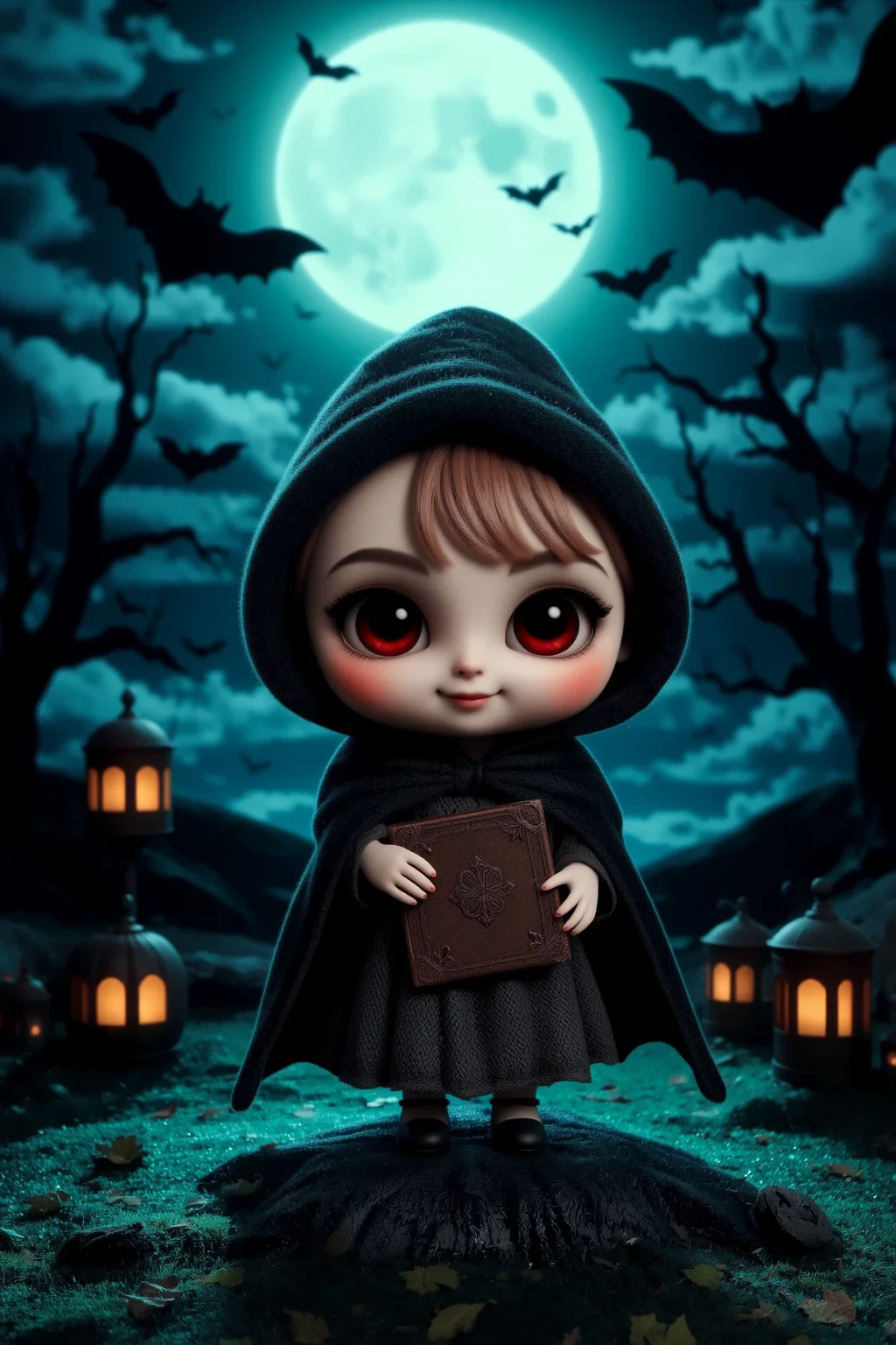 cute, halloween night, horror, (bats), moon in the sky, portrait, (standing:1.2), happy smiling, red eyes,(very detailed), best quality, sharp focus, Irish Green bloodstained cloak, ancient spellbook, haunted fairytale, eerie stillness before rain, eerie green light, ethereal lights, backlight, shadows, high contrast, hdr, <lora:Anti-Blur:0.8> <lora:Hand v2:0.8> Detailed hand, Hand, Perfect hand <lora:aidmaImageUpgrader:0.8> aidmaimageupgrader <lora:PinkieChibiHalloweenFLUX:0.8> pinkchibihalloween