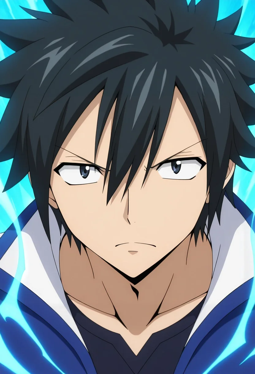 masterpiece, best quality, , anime screencap, , official style, looking at viewer, 1boy, solo, male focus, <lora:gray_fullbuster_ilxl:0.98>, gray_fullbuster, black hair, black eyes, spiked hair, hair between eyes, , , quantum forge, energy streams, particle flows, power cores, working pose, focused expression, plasma lighting,