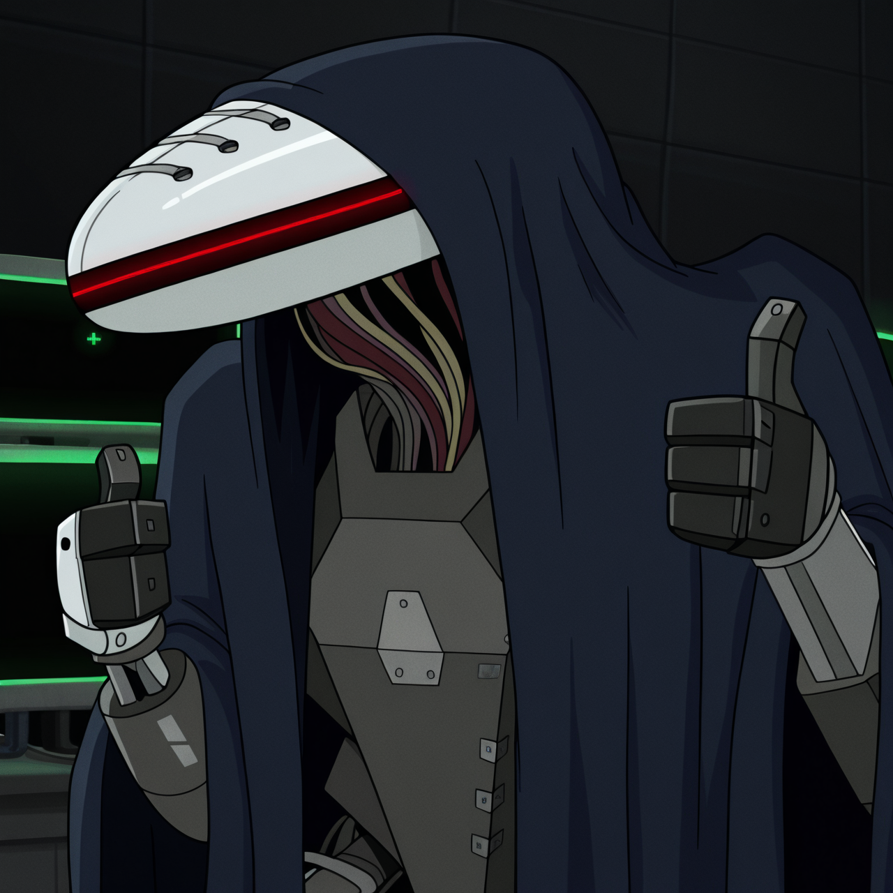 toon \(style\), ultra detailed, raytracing, masterpiece, best quality, highres, absurdres, upper body, itcond1, solo, robot, big white head, blue cape, hood up, no eyes, no mouth, neck of wires, glowing red line facial mark, (thumbs up:1.5), <lora:itcond1illu_ep10:1>