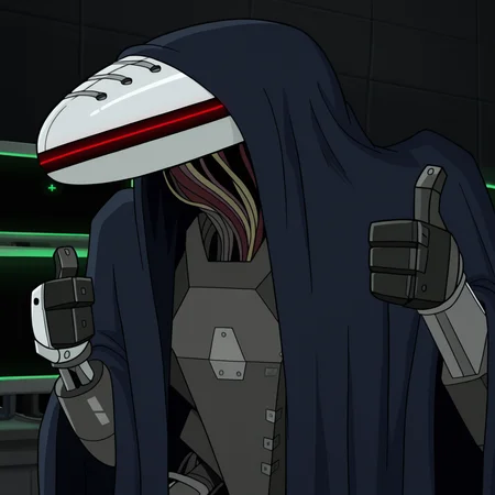 toon \(style\), ultra detailed, raytracing, masterpiece, best quality, highres, absurdres, upper body, itcond1, solo, robot, big white head, blue cape, hood up, no eyes, no mouth, neck of wires, glowing red line facial mark, (thumbs up:1.5), <lora:itcond1illu_ep10:1>