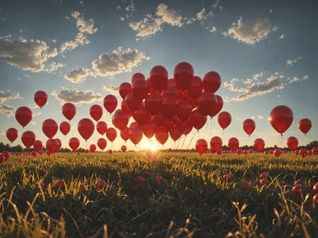 photo realistic picture of dozens red balloons , outside in a field <lora:add-detail-xl:3> 8k, masterpiece, dramatic lighting