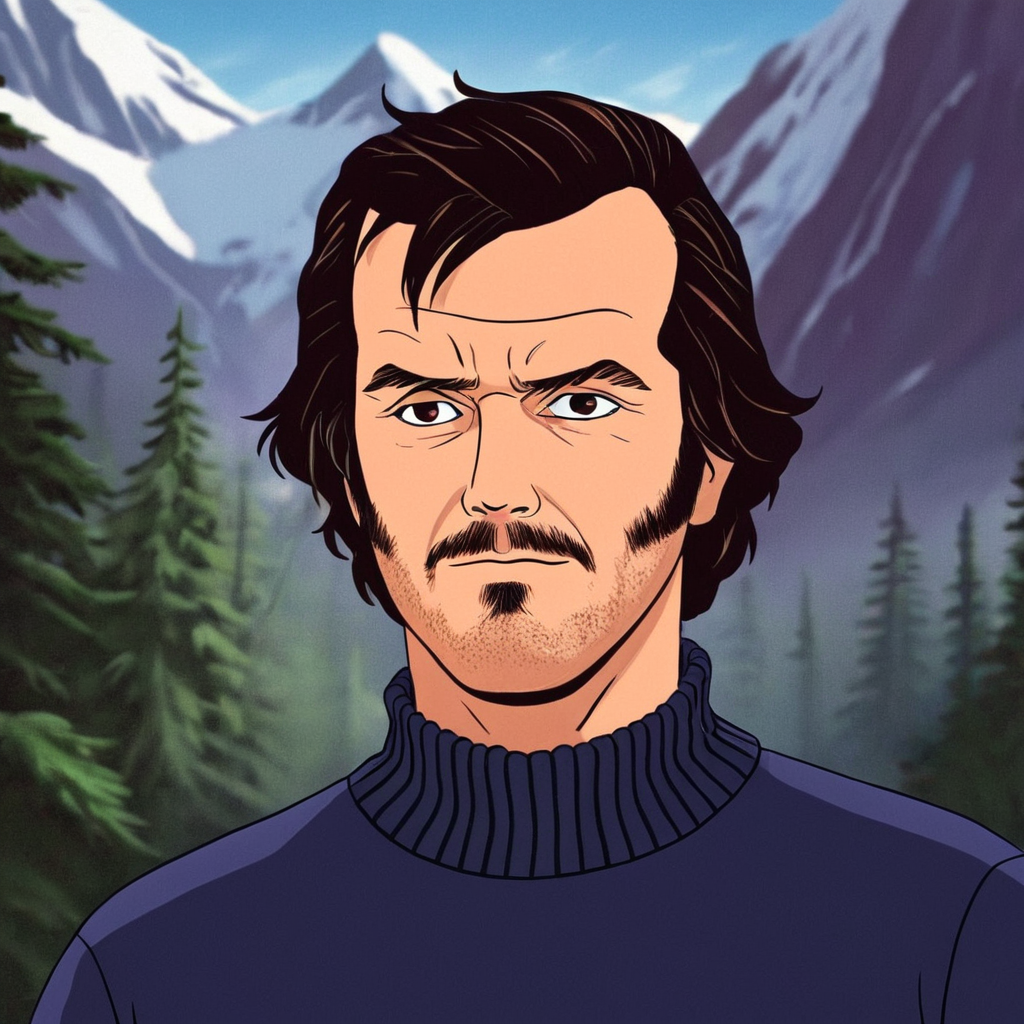 anime artwork of  <lora:perfection style:0.5> <lora:detailed:0.5> perfection detailed
 <lora:The Shining film style:0.9> In cartoon
Jack Torrance In the 1980's in the Colorado Rocky Mountains a man with a serious look on his face,solo,looking at viewer,black hair,1boy,male focus,teeth,sweater,turtleneck,facial hair,portrait,beard,turtleneck sweater,realistic,mustache,black sweater , cinematic, film, kodak, The Shining film style, anime style, key visual, vibrant, studio anime,  highly detailed