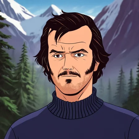 anime artwork of <lora:perfection style:0.5> <lora:detailed:0.5> perfection detailed
<lora:The Shining film style:0.9> In cartoon
Jack Torrance In the 1980's in the Colorado Rocky Mountains a man with a serious look on his face,solo,looking at viewer,black hair,1boy,male focus,teeth,sweater,turtleneck,facial hair,portrait,beard,turtleneck sweater,realistic,mustache,black sweater , cinematic, film, kodak, The Shining film style, anime style, key visual, vibrant, studio anime, highly detailed