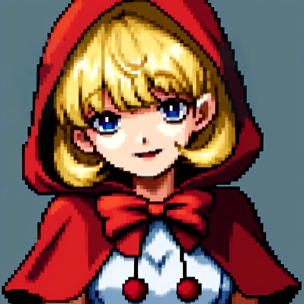 score_9, score_8_up, score_7_up, source_anime, BREAK, solo, 1girl, looking at viewer, <lora:P1-Portraits-pdxl_Fp:1>, portrait, simple background, pixel art, <lora:BBHood-pdxl_Fp:0.8>, bbhood, short hair, blonde hair, blue eyes, hood, capelet, red dress, bow, white apron, pom pom \(clothes\),