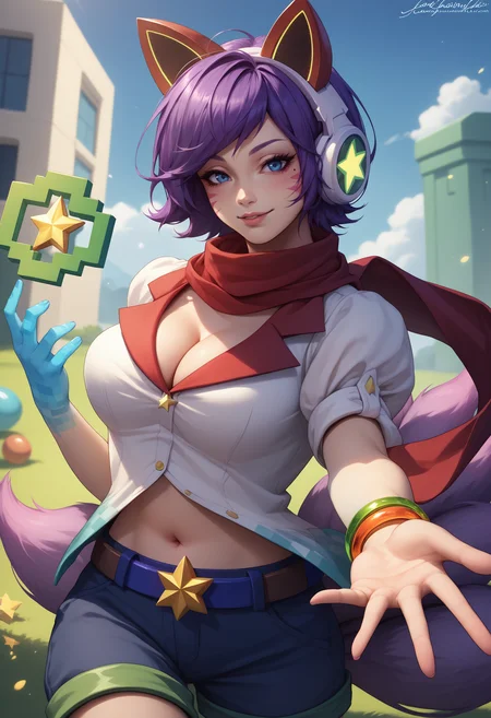 score_9, score_8_up, score_7_up, 1girl, solo, outdoors, Ahriarcade, animal ear headphones, fox tail, multiple tails, facial mark, mole under eye, short hair, purple hair, blue eyes, blue hand, large breasts, red scarf, short sleeves, striped clothes, shirt, cleavage, bracelet, jewelry, midriff, Navel, belt, shorts, star (symbol), <lora:Ahri_Arcade_pdxl_Incrs_v1:1>, upper body, <lora:Beckoning_XLPD:0.8> beckoning, reaching towards viewer, seductive smile,