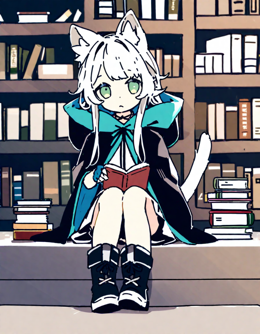 1girl, 
rosmontis \(arknights\),  
solo, green eyes, flat chest, animal ears, cat ears, white hair, library, frown, gloves, tail, fingerless gloves, book, hooded cloak, cat girl, cloak, blue gloves, bookshelf, dress, animal ear fluff, hood, sitting, boots, infection monitor \(arknights\), holding, black cloak, black footwear, cat tail, looking at viewer, white dress, book stack, holding book, indoors, long hair, 
masterpiece, best quality,  safe
 <lora:cyoroama_xl_v1-000011:1>