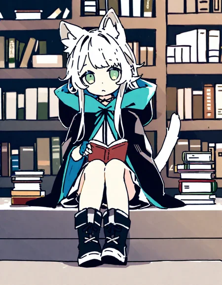 1girl,
rosmontis \(arknights\),
solo, green eyes, flat chest, animal ears, cat ears, white hair, library, frown, gloves, tail, fingerless gloves, book, hooded cloak, cat girl, cloak, blue gloves, bookshelf, dress, animal ear fluff, hood, sitting, boots, infection monitor \(arknights\), holding, black cloak, black footwear, cat tail, looking at viewer, white dress, book stack, holding book, indoors, long hair,
masterpiece, best quality, safe
<lora:cyoroama_xl_v1-000011:1>