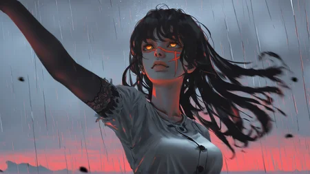 <lora:Yoru_Illustration:1>, yoru \(chainsaw man\), yoru, long hair, black hair, scar on face, red eyes, ringed eyes, black_arm_garter, pants, white_shirt, looking up, upper body, by wlop, by john kafka, artist:yoneyama mai, original, dynamic pose, beautiful girl, pixiv fantasia painting style, breeze, high saturation, manga painting, sketch painting, masterpiece, extreme detailed background, dark fantasy, fantastic scene, Rain, best quality, amazing quality, very aesthetic, absurdres, mouth closed, depth of field