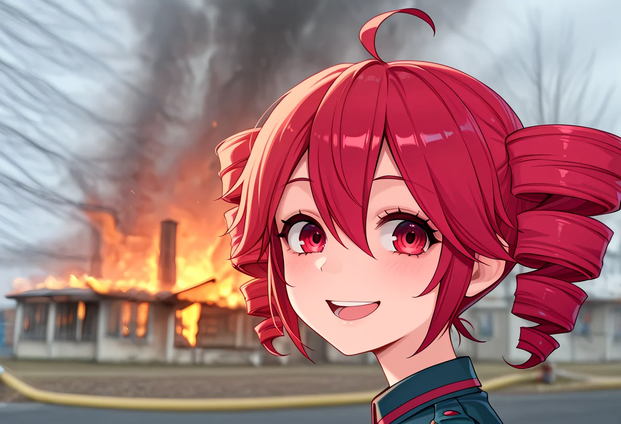 masterpiece, high quality, amazing detail, disaster_girl, 1girl, kasane teto, looking at viewer, smile, open mouth, fire, explosion, burning building,  <lora:disaster_girl_meme-10:1>