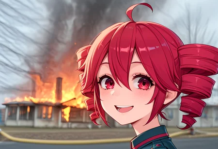 masterpiece, high quality, amazing detail, disaster_girl, 1girl, kasane teto, looking at viewer, smile, open mouth, fire, explosion, burning building, <lora:disaster_girl_meme-10:1>