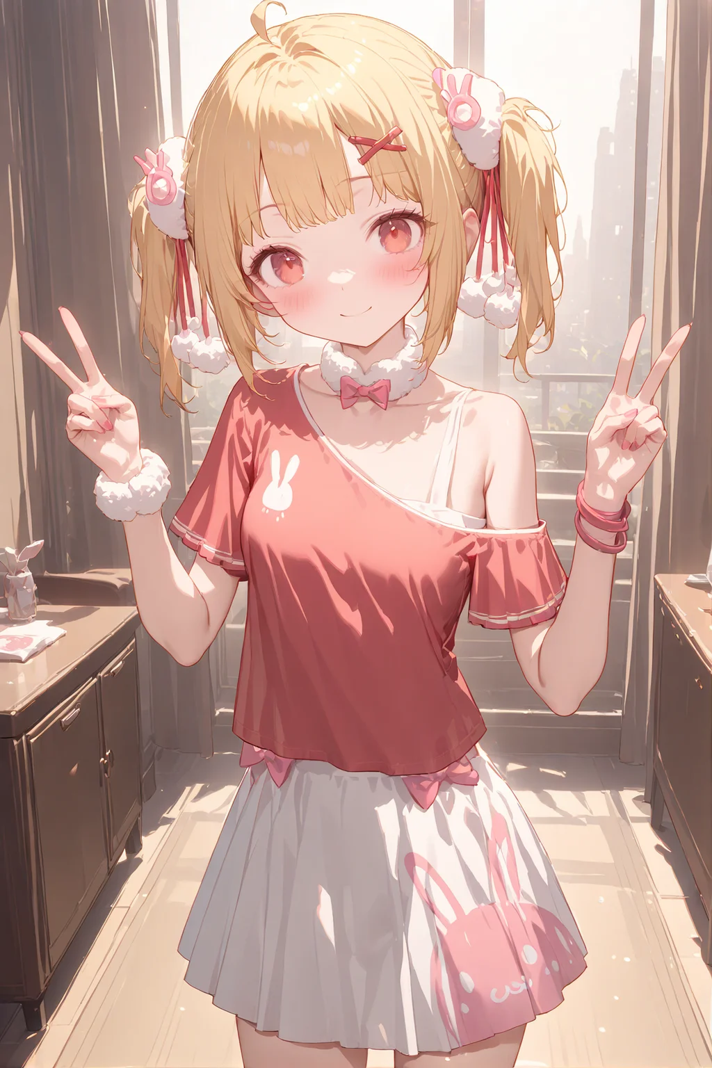 masterpiece, best quality, perfect features, intricate details, ray tracing, newest,(hitenkei, askzy:0.4), 1girl, solo, Tuya, smile,double v,
white skirt, off-shoulder shirt,bunny print, animal print, pleated skirt, blush, off shoulder, looking at viewer, red shirt, wristband, pom pom \(clothes\), <lora:Tuya_xl:1>, leaning forward,
