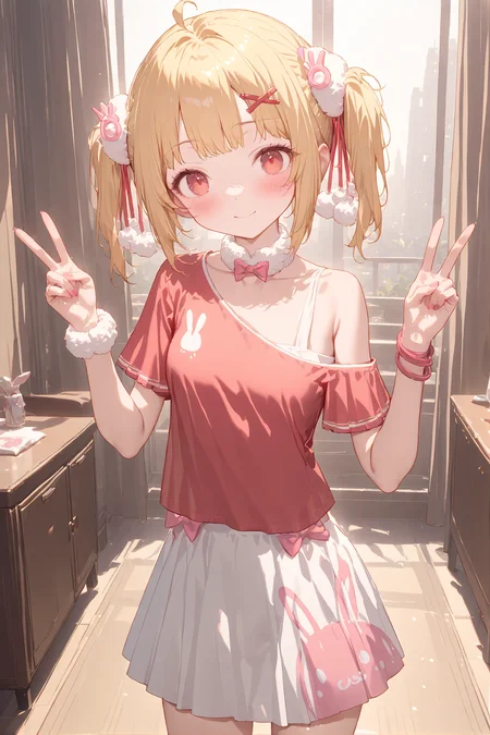 masterpiece, best quality, perfect features, intricate details, ray tracing, newest,(hitenkei, askzy:0.4), 1girl, solo, Tuya, smile,double v,
white skirt, off-shoulder shirt,bunny print,  animal print, pleated skirt, blush, off shoulder, looking at viewer, red shirt, wristband, pom pom \(clothes\), <lora:Tuya_xl:1>, leaning forward,