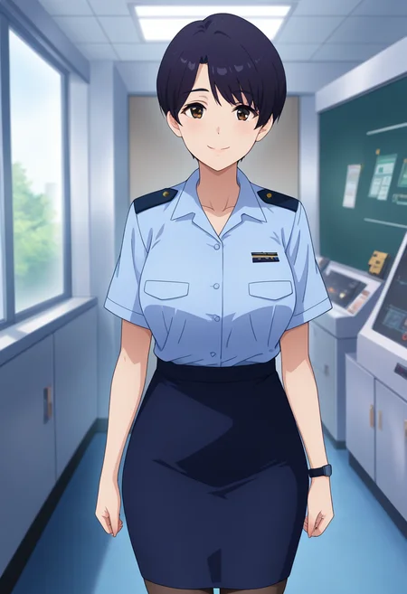 masterpiece, best quality, amazing quality, 1girl, solo, cowboy shot, honokaww, mature female, brown eyes, black hair, short hair, asymmetrical bangs, military uniform, blue collared shirt, short sleeves, wristwatch, dark blue pencil skirt, long skirt, pantyhose, looking at viewer, smile, indoors, day,skindentation, detailed clothing folds, depth of field, sharp, high contrast, dynamic light <lora:Suzunagi_Honoka_Bravern_ill_v11:0.9>