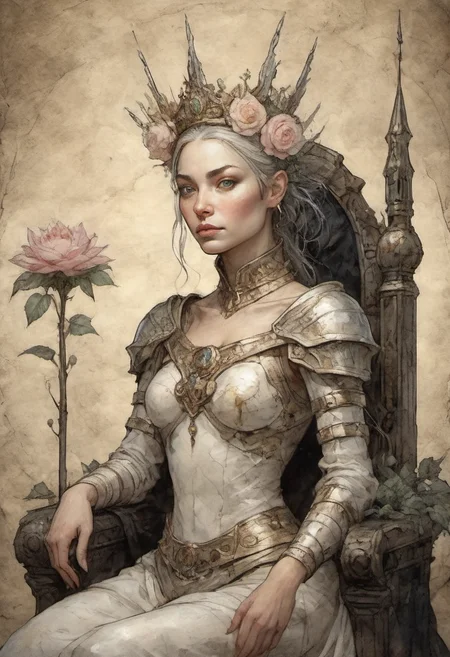 on parchment closeup portrait of the luminous queen of faerie with her armored guardsmen marble and onyx throne kintsugi detailing magical realm fantasy scene dramatic light sharp details crown of iron bands and flowers