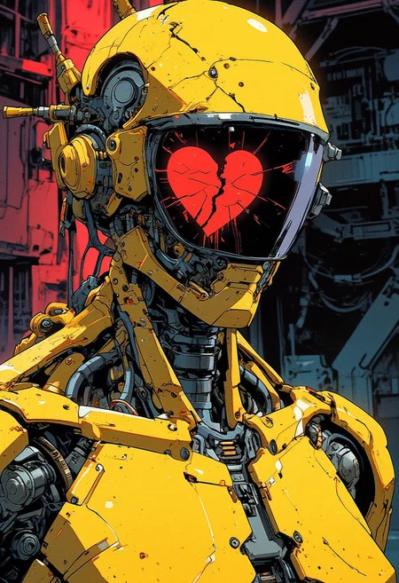 futuristic cybernetic robot with a monitor face displaying a digital broken heart on it. metallic golden parts covered with scratches, damage mechanical parts. Abstract background in muted reds and blacks. cyberpunk anime, manga, sharp lines, detailed mechanic parts