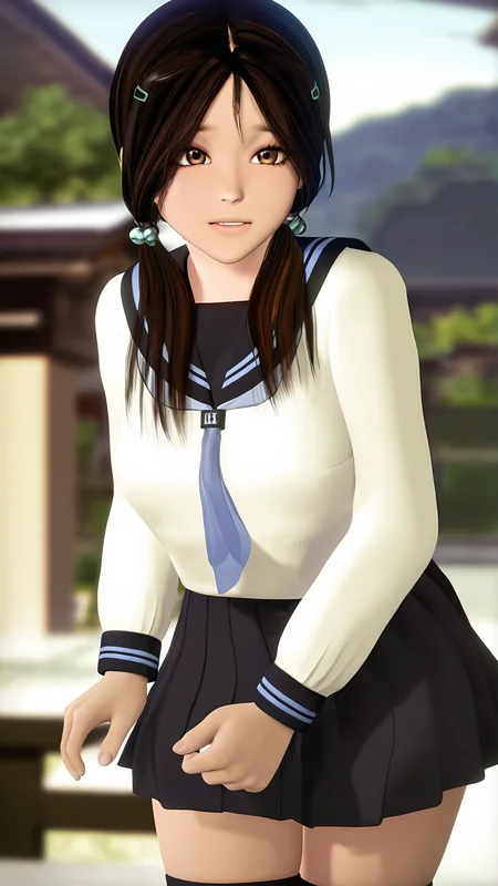 amazing quality,absurdres,best quality,masterpiece,highres,newest,detailed,detailed body,detailed face,masterpiece,best quality,solo,3d,realistic,
haruhi,1girl,solo,school uniform,serafuku,brown hair,brown eyes,twintails,hair ornament,skirt,thighhighs,<lora:haruhi:1>,