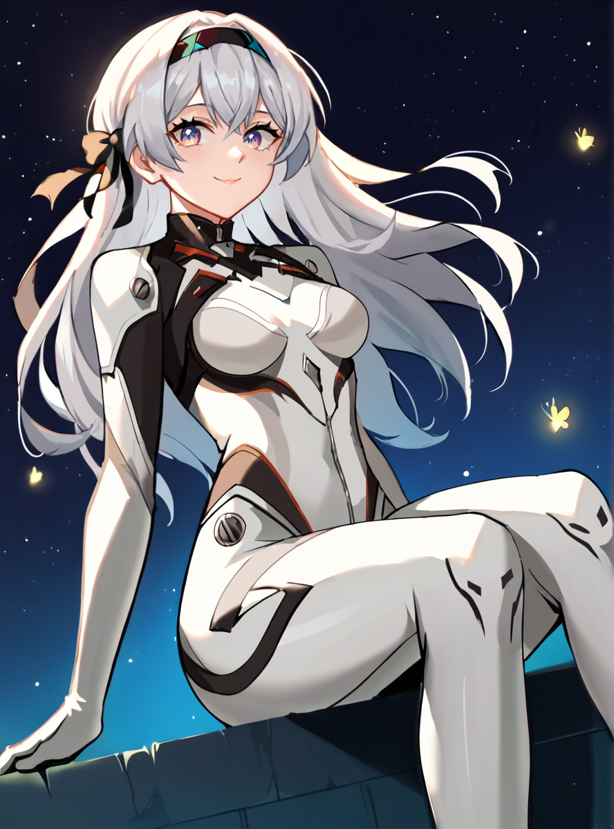 score_9, score_8_up, score_7_up, score_6_up, score_5_up, score_4_up , source_anime, anime screencap,  <lora:Fifefly_-_26710_Honkai_Star_Rail:0.8>fireflypilotsuit, silver hair,solo, long hair, bodysuit, medium breasts, hairband, white bodysuit, bangs, plugsuit, black hairband, smile, night sky, starry sky, sitting, wind_blowing thick thighs, from below, looking at viewer,