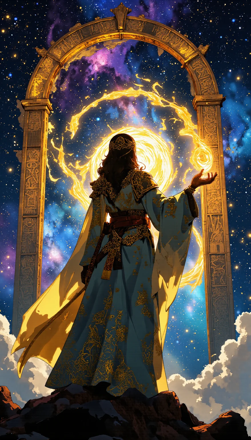A divine empress, draped in flowing robes adorned with glowing celestial patterns, stands at the edge of a cosmic void, her presence bending the stars around her. She extends her hand, conjuring golden, swirling galaxies that spiral into infinity. Behind her, an enormous celestial gate, engraved with luminous, ancient glyphs, hums with raw energy. The cosmic expanse shifts with vibrant blues, purples, and golds, creating a surreal and breathtaking vision of divine power. Ultra-detailed fantasy concept art, ethereal lighting, glowing particles, high contrast, cinematic composition, volumetric nebulae, intricate embroidery, divine presence.
