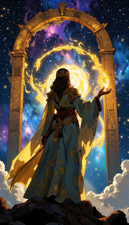 A divine empress, draped in flowing robes adorned with glowing celestial patterns, stands at the edge of a cosmic void, her presence bending the stars around her. She extends her hand, conjuring golden, swirling galaxies that spiral into infinity. Behind her, an enormous celestial gate, engraved with luminous, ancient glyphs, hums with raw energy. The cosmic expanse shifts with vibrant blues, purples, and golds, creating a surreal and breathtaking vision of divine power. Ultra-detailed fantasy concept art, ethereal lighting, glowing particles, high contrast, cinematic composition, volumetric nebulae, intricate embroidery, divine presence.