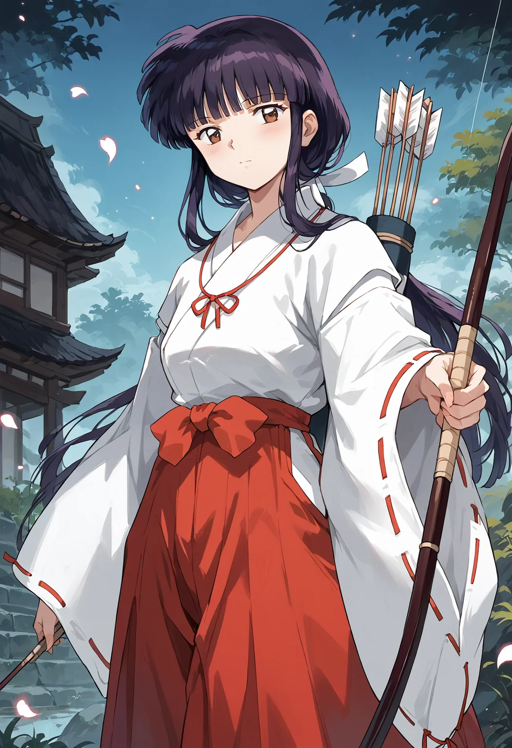 score_9, score_8_up, score_7_up, , score_ANIME, <lora:kikyo_inuyasha_pony:1>kikyoinu, 1girl, bow \(weapon\), japanese clothes, miko, solo, long hair, black hair, holding bow \(weapon\), holding weapon, brown eyes, holding, , red hakama, arrow \(projectile\), wide sleeves, ,standing, looking at viewer, holding arrow, low ponytail, long sleeves, sidelocks, closed mouth, blunt bangs, hair ribbon,archery, cowboy shot,