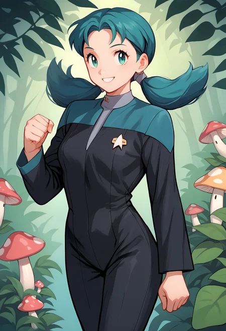 score_9, score_8_up, score_7_up, score_6_up, score_5_up, score_4_up, source_anime, 1girl, krispokemon, solo, standing, smile, full body, long hair, twintails, bangs, green hair, blue hair, aqua hair, green eyes, blue eyes, aqua eyes, eyelashes,in a forest,mushroom,scenery,fist up
<lora:crystal:0.8>
voyunf, teal star trek uniform,teal shoulders,long black sleeves,black pants,black jumpsuit,grey Vneck<lora:VoyPony>