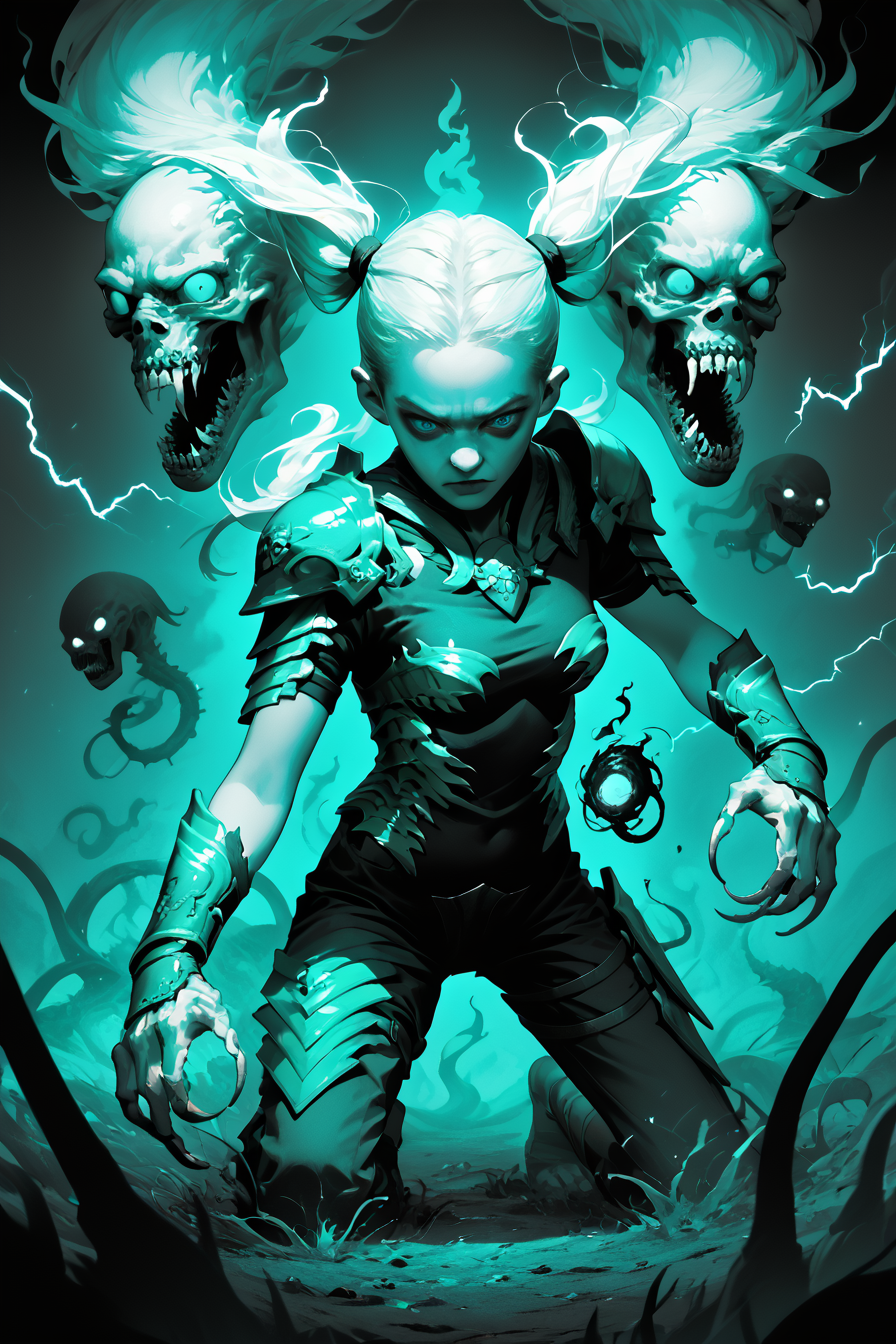 1girl, petite, white hair, twintails, <lora:DragarmP:0.8> dragarm, green armor, claws, flames rising from the ground, epic battle in the background, bright blue eyes, <lora:dark_magiks:0.6> magic, arkane_dark, flowing, swirling, glowing, flames, fire, liquid, lightning, score_9, score_8_up, score_7_up, score_6_up, score_5_up, score_4_up, <lora:040790P:0.8> 040790P, 040790XL, woman, medium breasts, <lora:GRIM_v1:1>  greyscale, monochrome, limited palette, horror (theme), eldritch abomination, chaotic, silhouette,