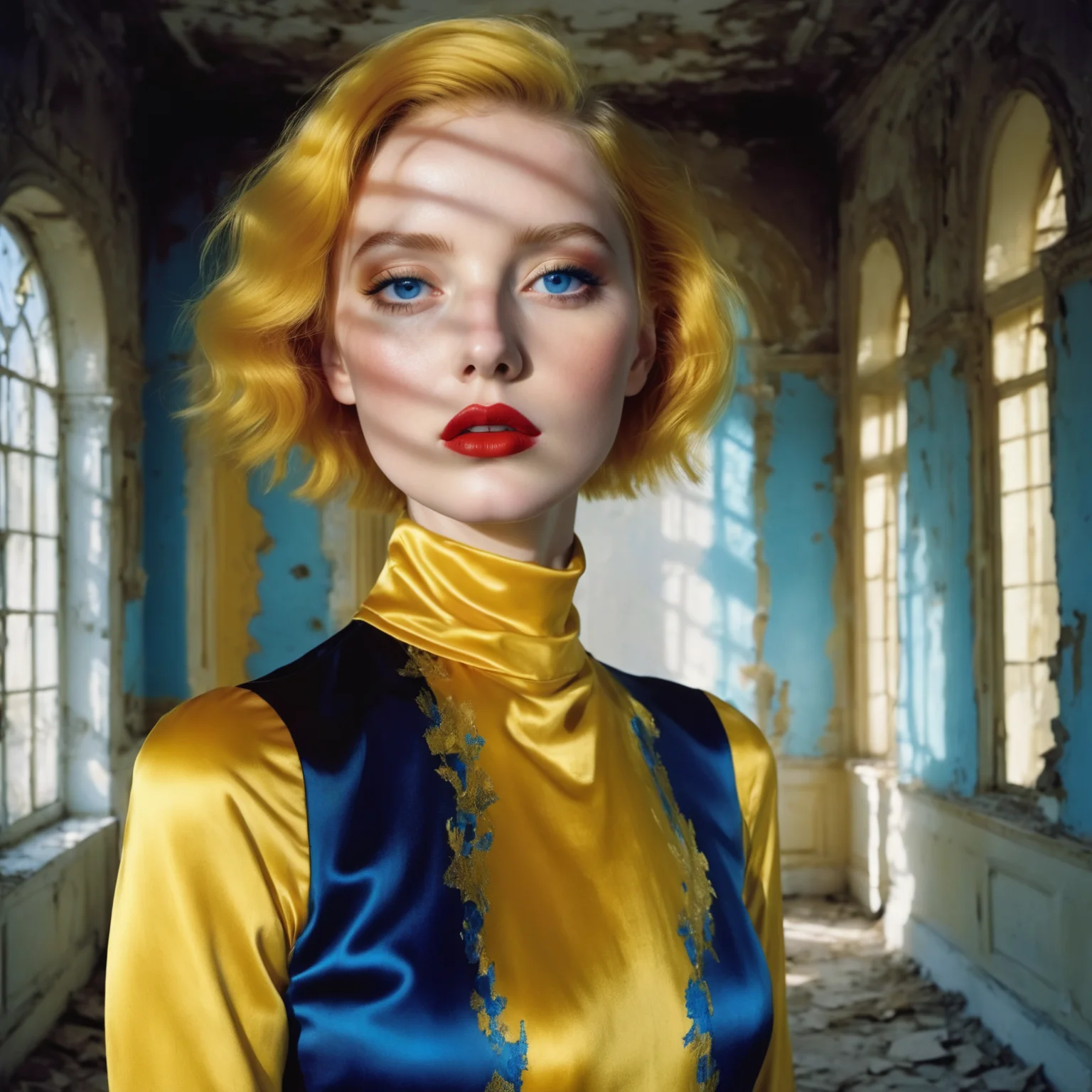 sunlight_str1, by Miles Aldridge, photograph of a beautiful woman in a crumbling mansion, wearing a high neck satin dress, yellow flared hair, blue eyes, red lipstick, deep shadow from sunlight, variegated sunlight, <lora:sunlight_str1:0.6>