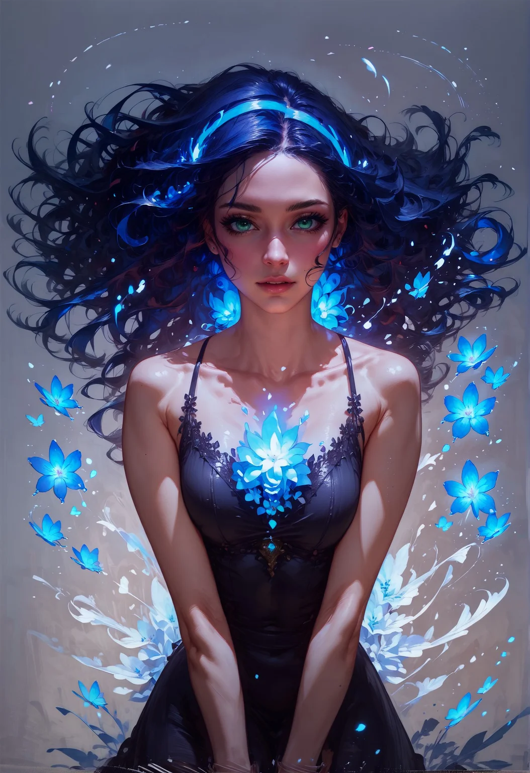 ASCIIscore_9, score_8_up, score_7_up, 1girl, realistic, long hair, wind, galaxy, solo, black dress, floral theme, from front, facing viewer, milky way, (blue glow, purple hue) <lora:sdxl\Concept Art Twilight Style SDXL_LoRA_Pony Diffusion V6 XL:0.8>, concept art, <lora:sdxl\Expressive_H-000001:0.8>, expressiveH <lora:sdxl\pony_vixon_galaxy:0.7>, g4l4xy <lora:sdxl\sinfully_stylish_SDXL>