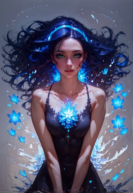 ASCIIscore_9, score_8_up, score_7_up, 1girl, realistic, long hair, wind, galaxy, solo, black dress, floral theme, from front, facing viewer, milky way, (blue glow, purple hue)  <lora:sdxl\Concept Art Twilight Style SDXL_LoRA_Pony Diffusion V6 XL:0.8>, concept art, <lora:sdxl\Expressive_H-000001:0.8>, expressiveH <lora:sdxl\pony_vixon_galaxy:0.7>, g4l4xy <lora:sdxl\sinfully_stylish_SDXL>