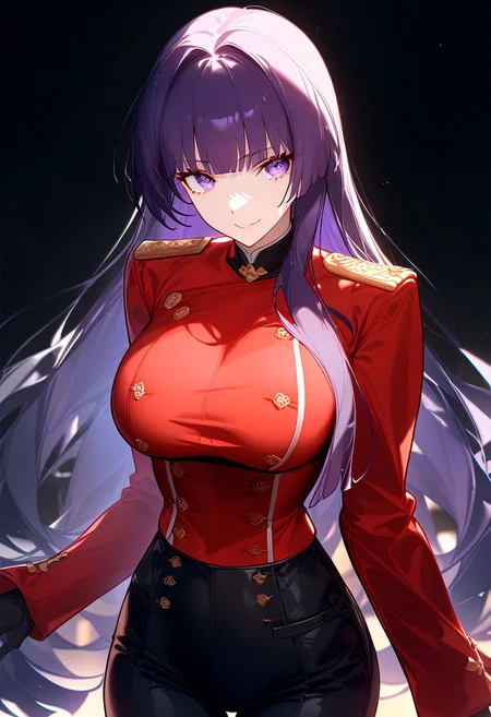(score_9, score_8_up, score_7_up, source_anime) (masterpiece:1.2, best quality), (finely detailed eyes: 1.2) (ultra-detailed, hires), (detailed face, detailed eyes), (best illumination), detailed glow, high contrast, looking at viewer, ((solo)), emotionless, smile, squinted eyes, closed mouth, 1girl, solo, (large breasts, thin waist, wide hips), raiden_mei, ((dark_purple hair)), indigo eyes, long hair, blunt bangs, ((red peacoat, closed peacoat, black trousers)), face shot, cowboy shot, no background, empty background, (masterpiece, best quality, very aesthetic, absurdres), (ultra detailed perfect piece:1.2), illustration, masterpiece, (extremely detailed CG 8k), (very fine 8K CG), <lora:add-detail-xl:-1>